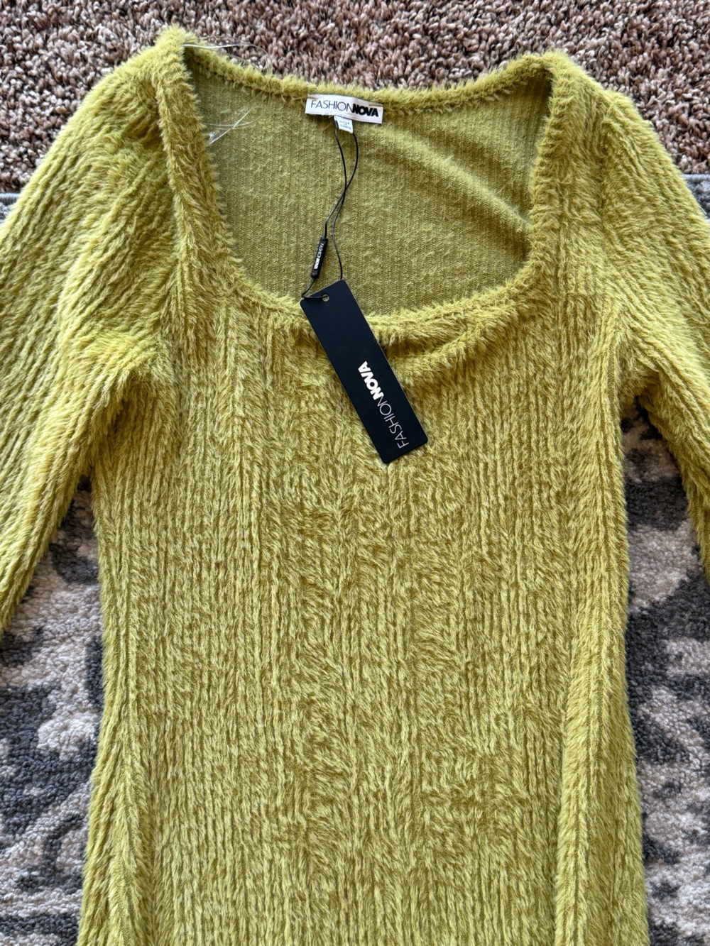 Fashion Nova Olive Green Fuzzy Crew Neck Sweater